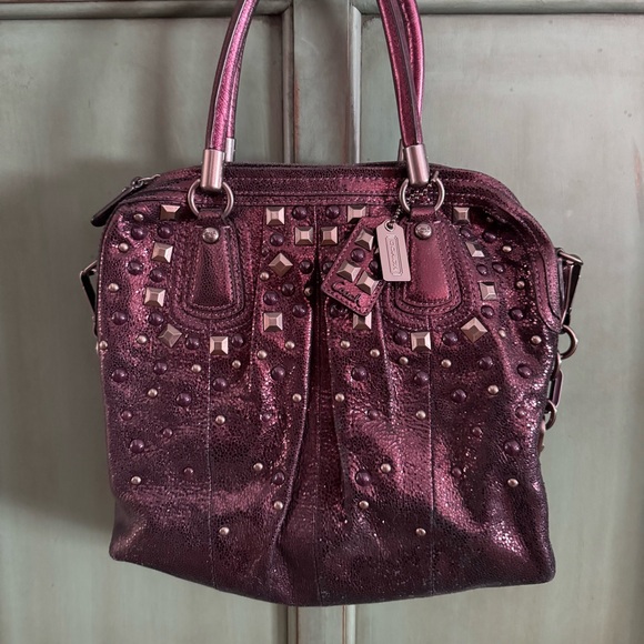 💜 ✨ COACH Kristen Satchel Metallic Purple Studded Handbag - Picture 2 of 10